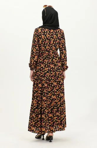 Floral Patterned Viscose Dress 0426-01 Black Mustard 0426-01