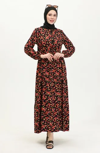 Viscose-jurk Met Bloemenpatroon 0426-03 Zwart Rood 0426-03
