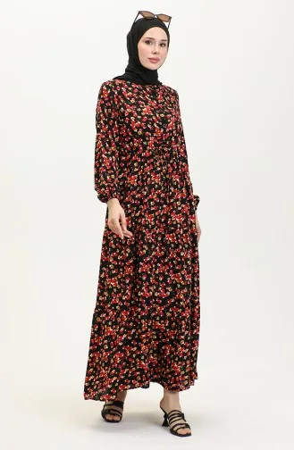 Viscose-jurk Met Bloemenpatroon 0426-03 Zwart Rood 0426-03
