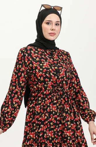 Viscose-jurk Met Bloemenpatroon 0426-03 Zwart Rood 0426-03