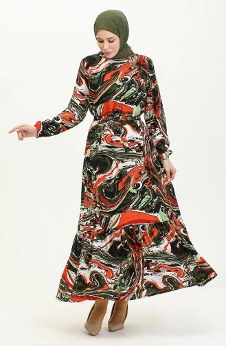 Kleid Aus Viskose Mit Gemischtem Muster Und Gürtel 0424-02 Khaki Tile 0424-02