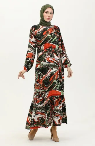 Kleid Aus Viskose Mit Gemischtem Muster Und Gürtel 0424-02 Khaki Tile 0424-02