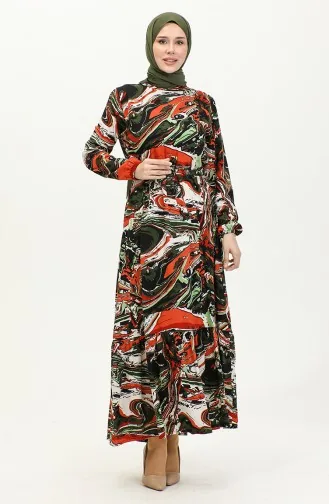Kleid Aus Viskose Mit Gemischtem Muster Und Gürtel 0424-02 Khaki Tile 0424-02