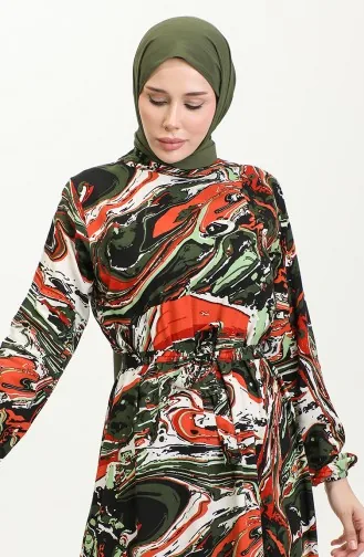 Kleid Aus Viskose Mit Gemischtem Muster Und Gürtel 0424-02 Khaki Tile 0424-02