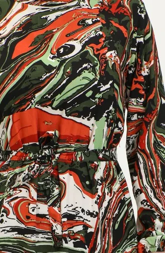 Kleid Aus Viskose Mit Gemischtem Muster Und Gürtel 0424-02 Khaki Tile 0424-02