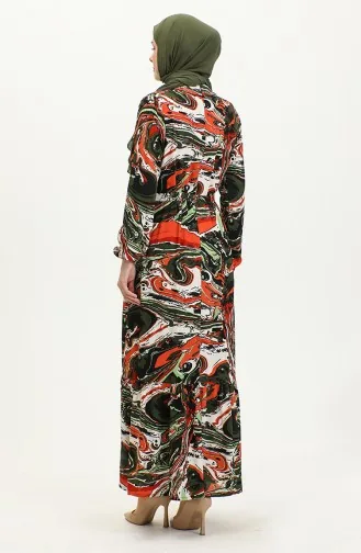 Kleid Aus Viskose Mit Gemischtem Muster Und Gürtel 0424-02 Khaki Tile 0424-02