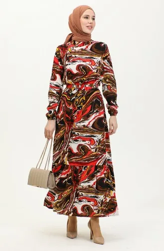Viscose-jurk Met Riem En Gemengd Patroon 0424-04 Bruinrood 0424-04