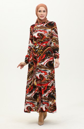 Mixed Pattern Belted Viscose Dress 0424-04 Brown Red 0424-04
