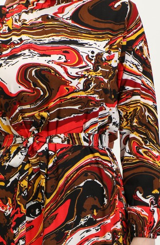 Mixed Pattern Belted Viscose Dress 0424-04 Brown Red 0424-04
