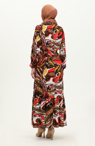 Mixed Pattern Belted Viscose Dress 0424-04 Brown Red 0424-04