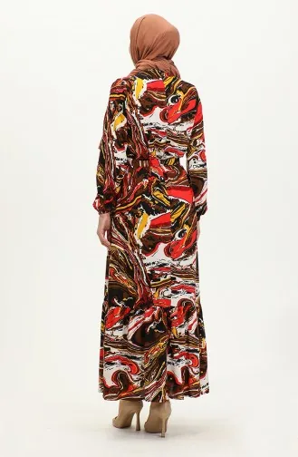 Viscose-jurk Met Riem En Gemengd Patroon 0424-04 Bruinrood 0424-04