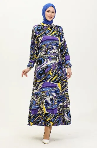 Mixed Pattern Belted Viscose Dress 0424-03 Saks Purple 0424-03