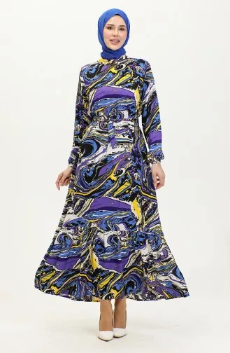 Mixed Pattern Belted Viscose Dress 0424-03 Saks Purple 0424-03