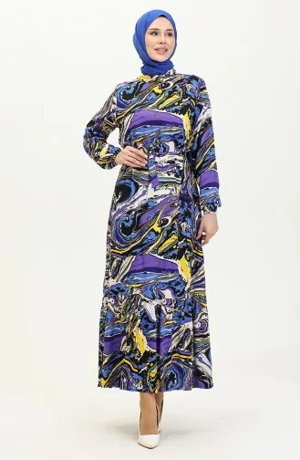 Mixed Pattern Belted Viscose Dress 0424-03 Saks Purple 0424-03