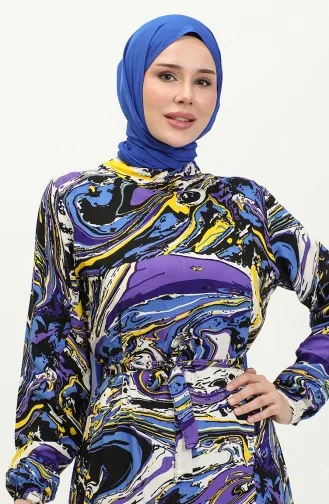 Mixed Pattern Belted Viscose Dress 0424-03 Saks Purple 0424-03