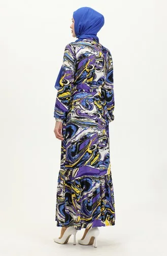 Mixed Pattern Belted Viscose Dress 0424-03 Saks Purple 0424-03