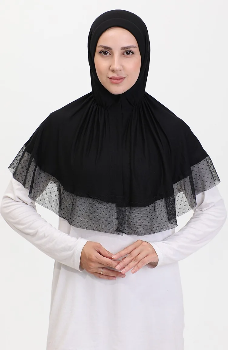 Tulle Detailed Practical Shawl 1270-04 Black 1270-04
