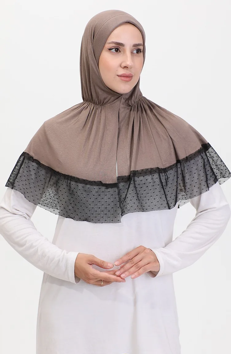 Tulle Detailed Practical Shawl 1270-12 Mink 1270-12