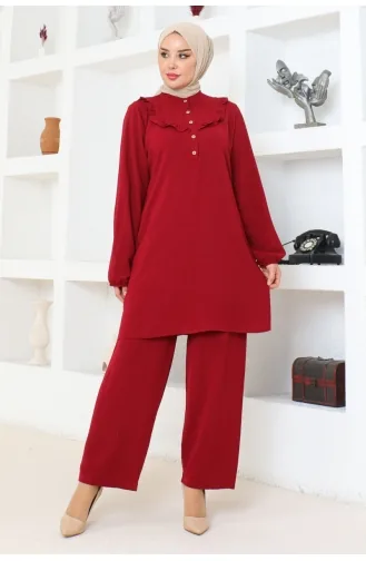 Aerobin Ruffle Detailed Suit 102-02 Claret Red 102-02