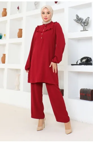 Aerobin Ruffle Detailed Suit 102-02 Claret Red 102-02