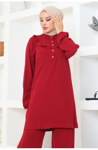 Aerobin Ruffle Detailed Suit 102-02 Claret Red 102-02