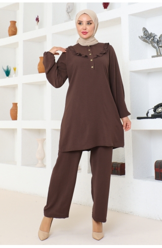 Aerobin Ruffle Detailed Suit 102-03 Brown 102-03