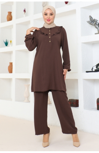 Aerobin Ruffle Detailed Suit 102-03 Brown 102-03