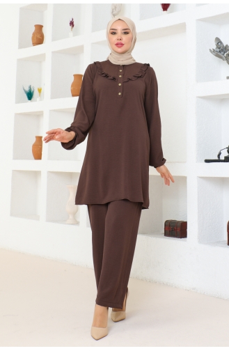 Aerobin Ruffle Detailed Suit 102-03 Brown 102-03