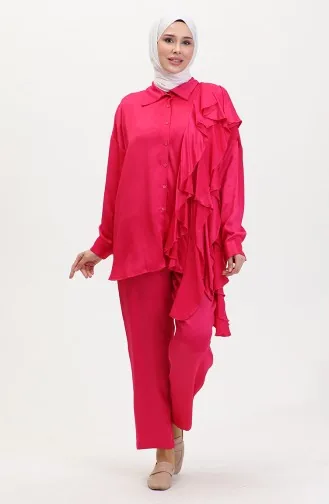 Ensemble Deux Pièces Tunique Pantalon à Froufrous En Satin 0028A-01 Fuchsia 0028A-01