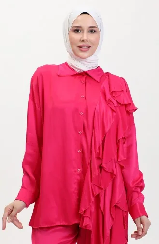 Ensemble Deux Pièces Tunique Pantalon à Froufrous En Satin 0028A-01 Fuchsia 0028A-01