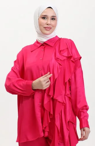 Ensemble Deux Pièces Tunique Pantalon à Froufrous En Satin 0028A-01 Fuchsia 0028A-01