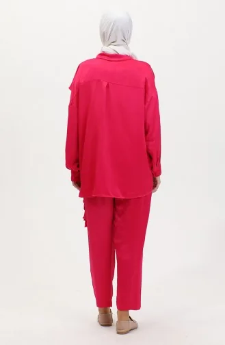 Ensemble Deux Pièces Tunique Pantalon à Froufrous En Satin 0028A-01 Fuchsia 0028A-01