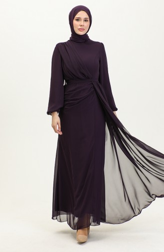 Pleated Belted Evening Dress 5711B-01 Purple 5711B-01