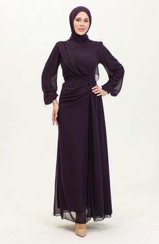Pleated Belted Evening Dress 5711B-01 Purple 5711B-01