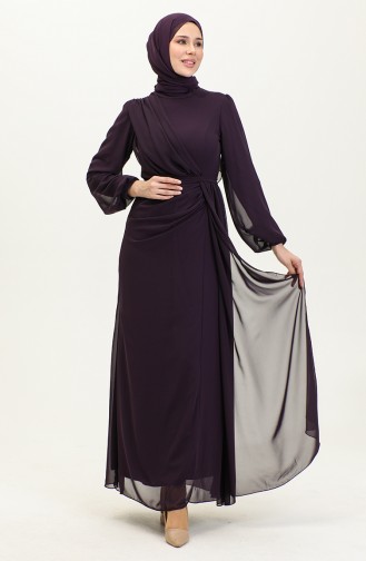 Pleated Belted Evening Dress 5711B-01 Purple 5711B-01