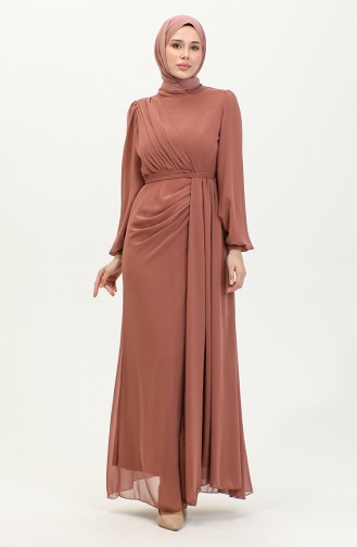 Pileli Kuşaklı Abiye Elbise 5711B-03 Taba