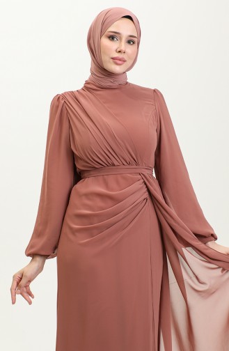 Pileli Kuşaklı Abiye Elbise 5711B-03 Taba