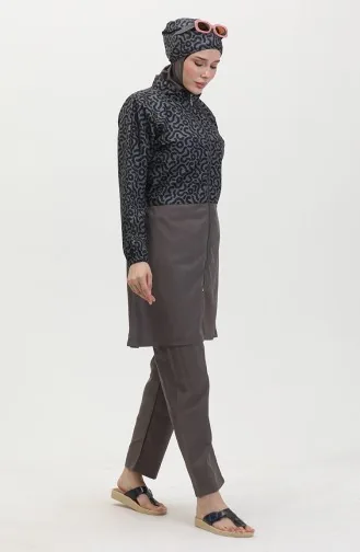 Akbeniz Gemusterter Hijab-Badeanzug Für Damen Mit Hose Geräuchert 31074 4590