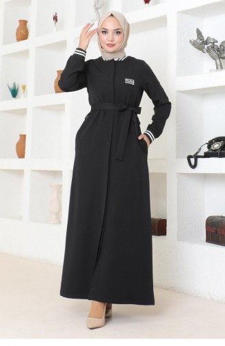 Gerippte Abaya Mit Verstecktem Knopf Schwarz 19214 15271