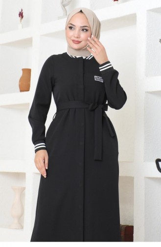 Gerippte Abaya Mit Verstecktem Knopf Schwarz 19214 15271