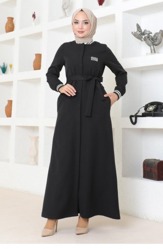 Gerippte Abaya Mit Verstecktem Knopf Schwarz 19214 15271