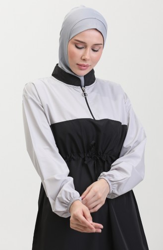 Büyük Beden Beli Büzgülü Boneli Tesettür Mayo 3030-01 Siyah Gri