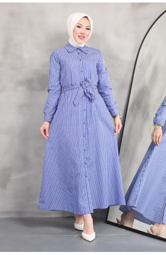 Terekoton Popeline-Knöpfe Detailliertes Vorne Gebundenes Gestreiftes Kleid 251-02 Dunkelblau 251-02