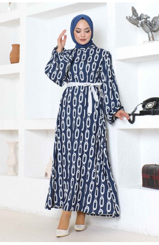 Robe A Motifs Chaine 1117-03 Bleu Marine 1117-03