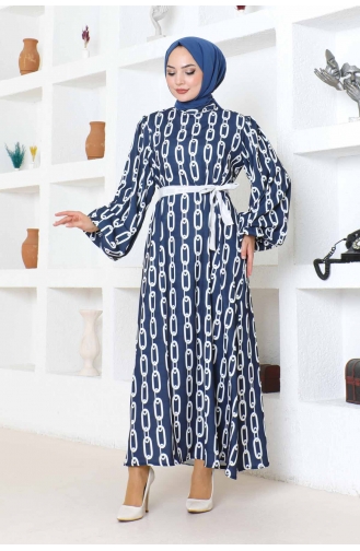 Robe A Motifs Chaine 1117-03 Bleu Marine 1117-03