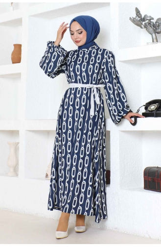 Robe A Motifs Chaine 1117-03 Bleu Marine 1117-03