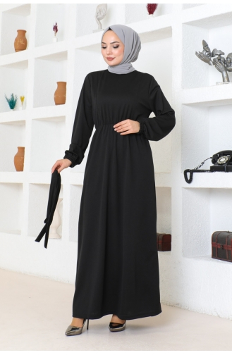 Gürteldetailliertes Hijab-Kleid 2086-01 Schwarz 2086-01