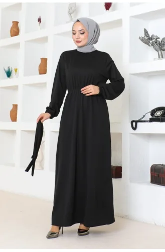 Gürteldetailliertes Hijab-Kleid 2086-01 Schwarz 2086-01