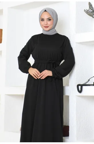 Gürteldetailliertes Hijab-Kleid 2086-01 Schwarz 2086-01