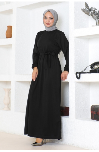Gürteldetailliertes Hijab-Kleid 2086-01 Schwarz 2086-01